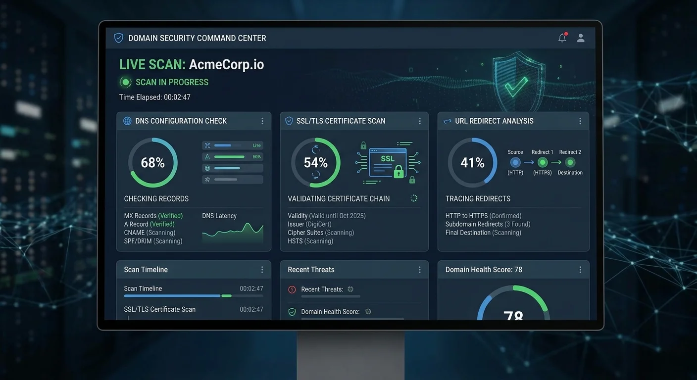 alt: Domain security scan dashboard displaying DNS settings check, SSL certificate status, and redirect audit results