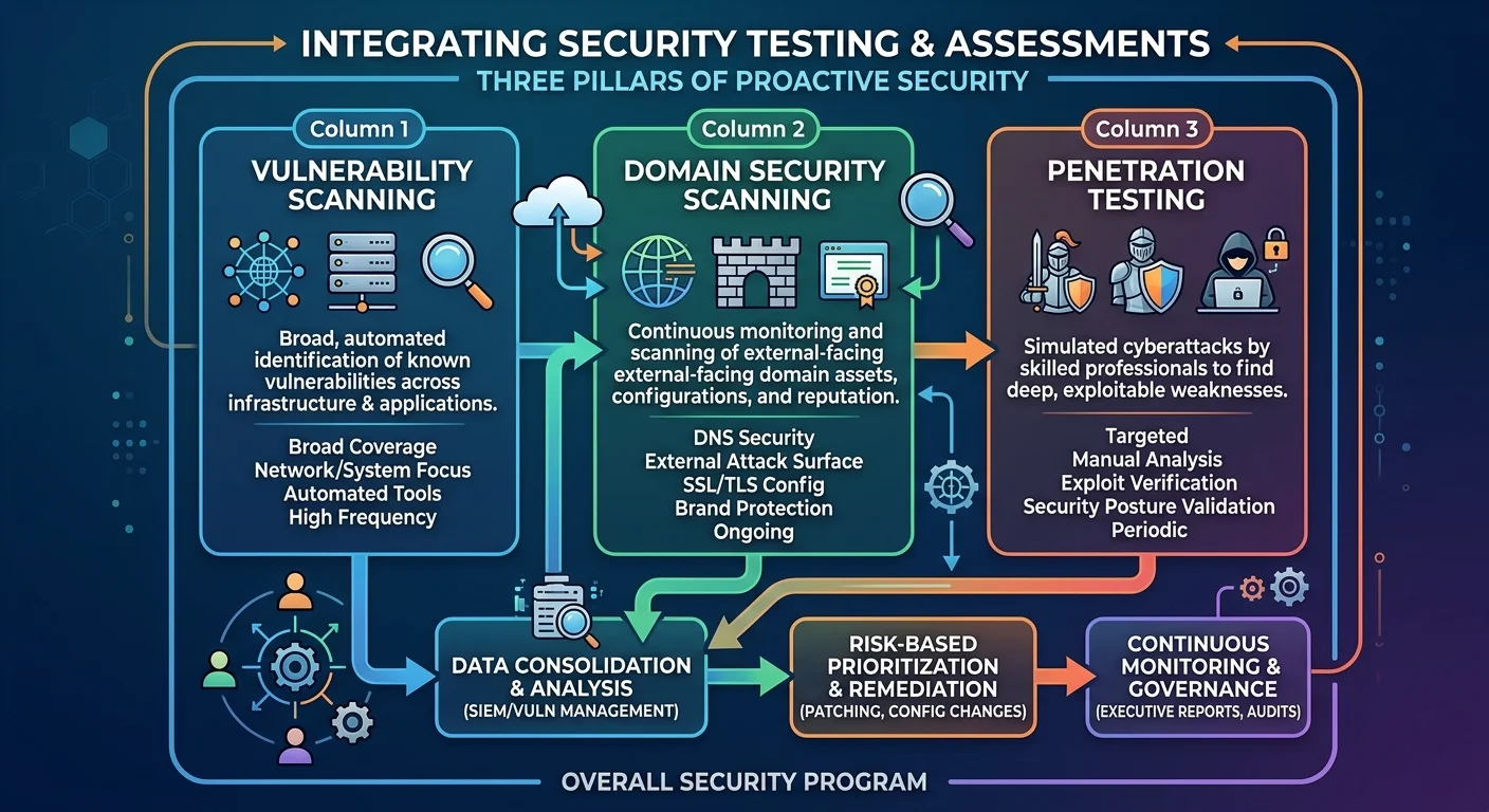 alt: Security program layers showing domain security scan, vulnerability scan, and penetration testing working together