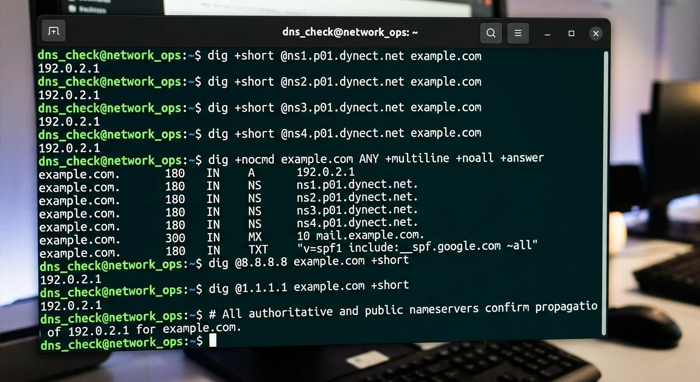 Terminal output of dig command checking DNS record propagation