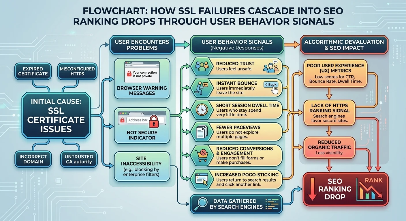Flowchart of SSL certificate failure leading to bounce rate increase and SEO ranking decline