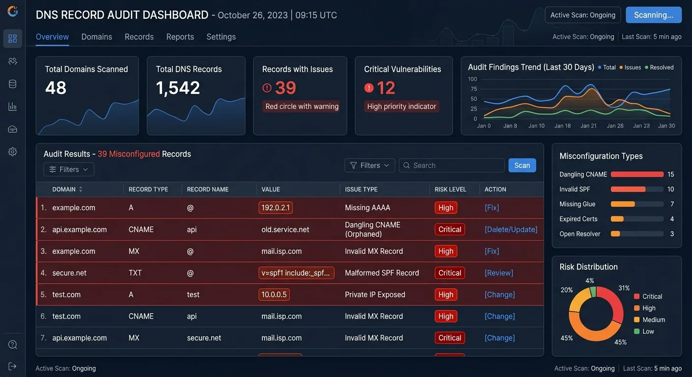 DNS security check dashboard displaying record audit results and misconfiguration warnings