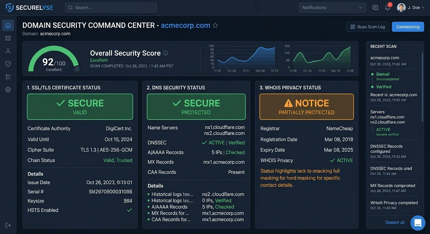 Domain security scan dashboard displaying SSL certificate status, DNS configuration checks, and WHOIS privacy alerts